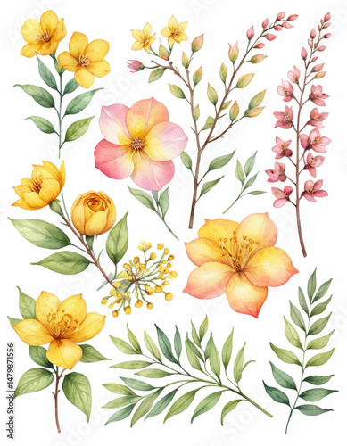 A delicate watercolor illustration of various flowers and leaves