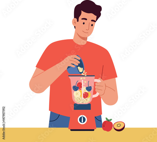 Man preparing fresh fruit smoothie with blender in kitchen vector illustration 