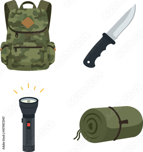 Camping gear set with camouflage backpack knife flashlight and rolled mat vector illustration 