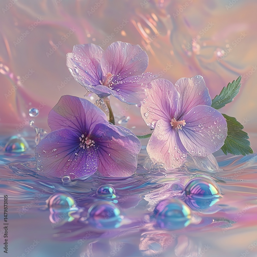 A vibrant floral arrangement with purple blossoms suspended in a dreamlike