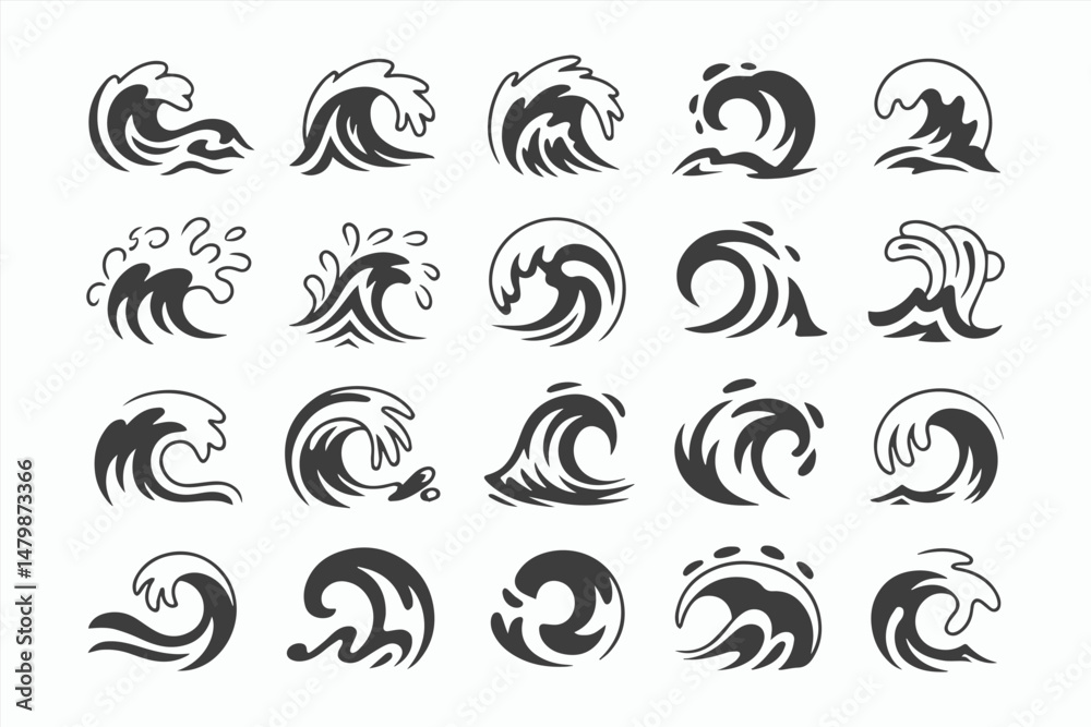 Obraz premium Collection of Twenty Diverse Wave Icons Ocean Sea Surf