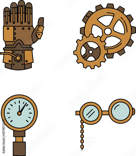 Steampunk style mechanical glove gears pressure gauge and monocle vector illustration set 