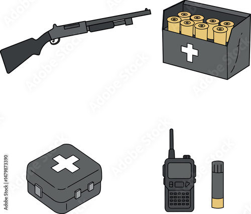 Shotgun with ammunition box radio and first aid kit vector illustration for survival and emergency preparedness 
