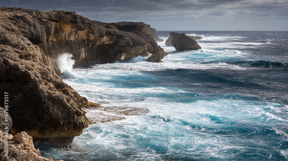 Ocean waves crashing against rocky cliffs seascape photography nature travel destination Ocean waves crashing against rocky cliffs seascape photography nature travel destination