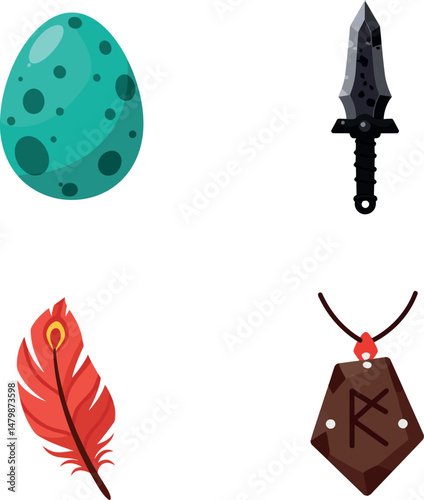 Dragon egg dagger feather and rune stone pendant fantasy magic elements vector illustration 