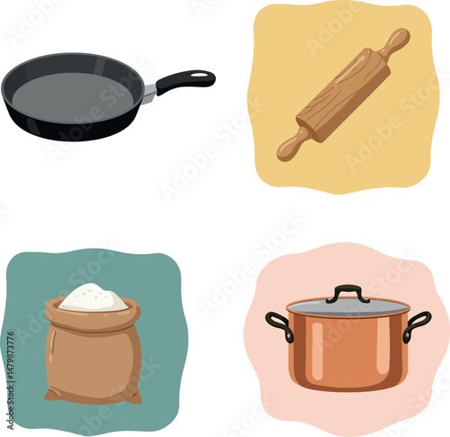Kitchen cooking utensils frying pan rolling pin flour sack and pot vector illustration 