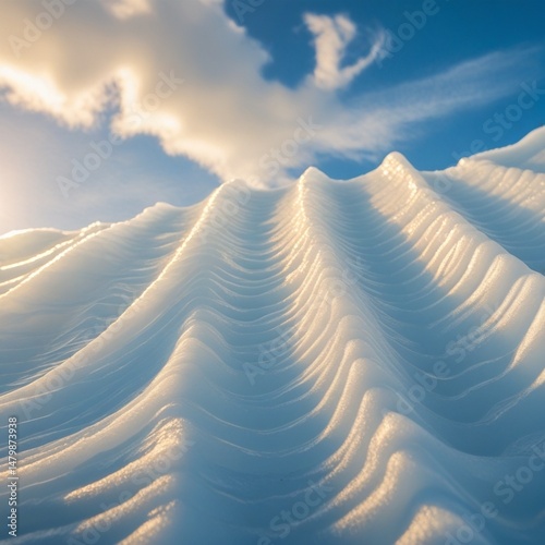 The image depicts a white glacier with soft ridges under bright sunlight.