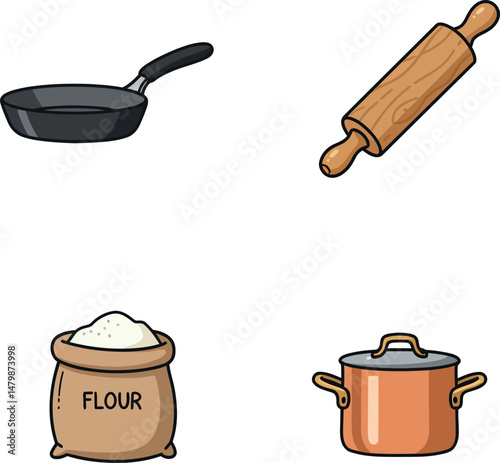 Cooking utensils with frying pan rolling pin flour bag and cooking pot vector illustration 