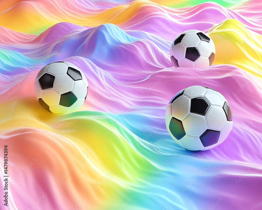Obraz premium Footballs on colorful waves 3d rendering