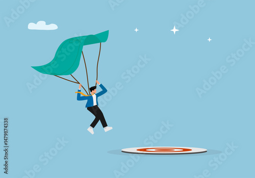 Businessman Using Parachute Landing on Target as Symbol of Business Goal Achievement, Career Success, and Strategic Planning