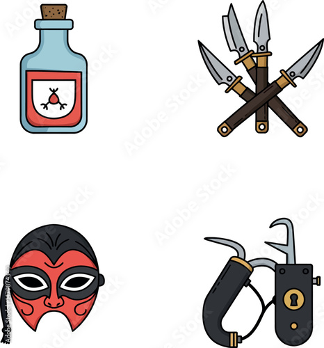 Pirate-themed objects including poison bottle, throwing knives, red mask, and grappling hook vector set 