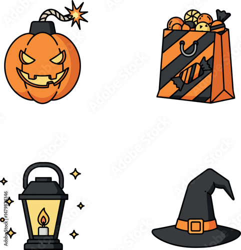 Halloween pumpkin bomb candy bag witch hat and lantern vector illustration spooky elements 