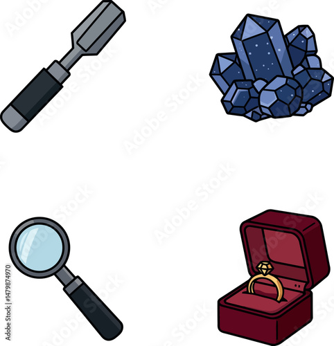 Jewelry making tools and materials with gemstone and ring box vector illustration 