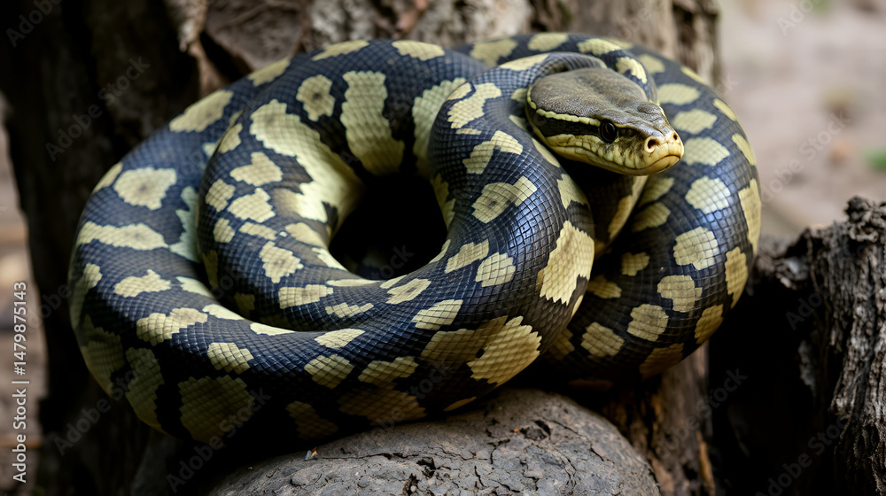 Fototapeta premium Reticulated Python: Coiled around a tree trunk, displaying its impressive size and pattern.