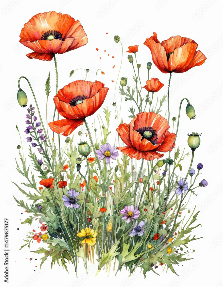 Fototapeta premium A colorful scene of red poppies and wildflowers in bloom