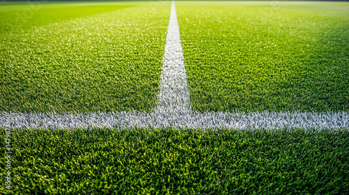 Close up of soccer field turf with white line for sports background and texture use case