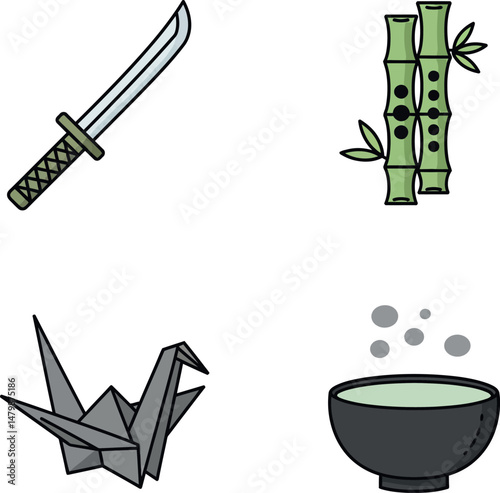 Japanese samurai sword bamboo origami crane and steaming tea bowl vector illustration set 