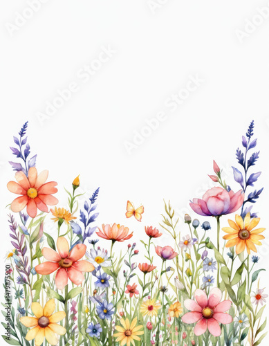 Watercolor illustration of a colorful field with various blooming flowers