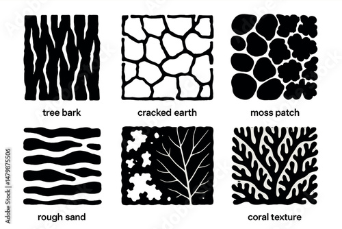 Nature texture icons set – silhouette, earthy patterns, natural surface symbols