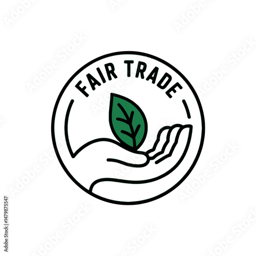 A logo with the words "Fair Trade" encircles a hand gently holding a green leaf.
