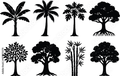 Tropical tree silhouettes icons set – silhouette, simple and nature symbol designs