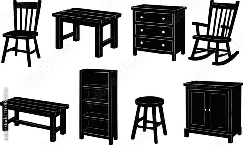 Wood furniture silhouettes icons set – silhouette, minimalist and simple design elements
