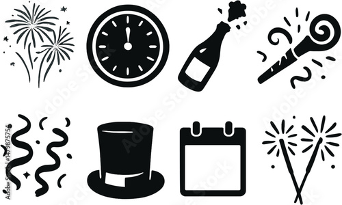 New year celebration icons set – silhouette, simple and festive design elements