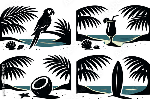 Tropical paradise silhouette icons set – simple, beach and vacation elements