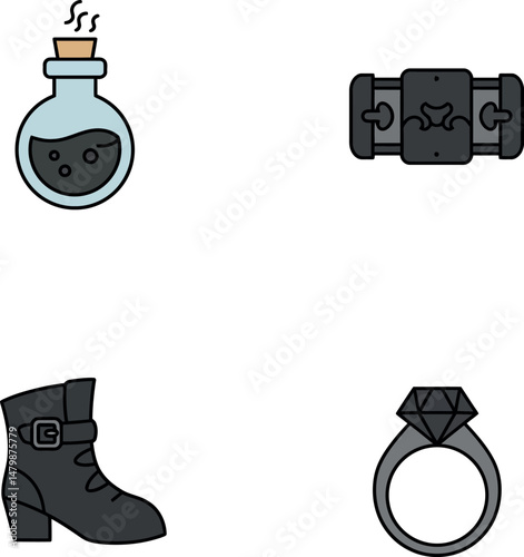Vector illustration of potion bottle, skateboard, boot, and diamond ring icons in simple style 