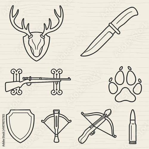 Hunting symbols icons set – outline, wildlife and adventure graphic elements