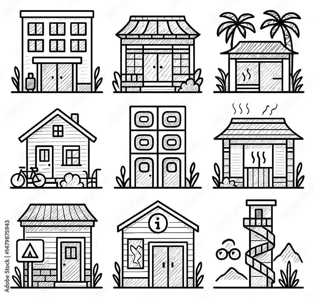 custom made wallpaper toronto digitalSketch Accommodation & Tourist Icons – Hotel, Ryokan, Cabin & Lookout Tower Pack