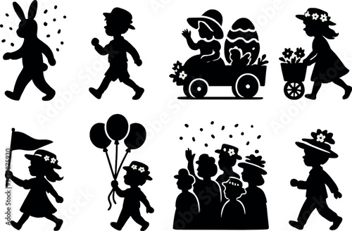 Easter parade silhouette icons set – festive, holiday and celebration symbols
