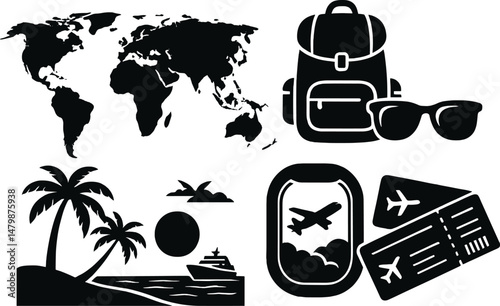 Summer travel icons set – silhouette vacation, tourism and adventure symbols
