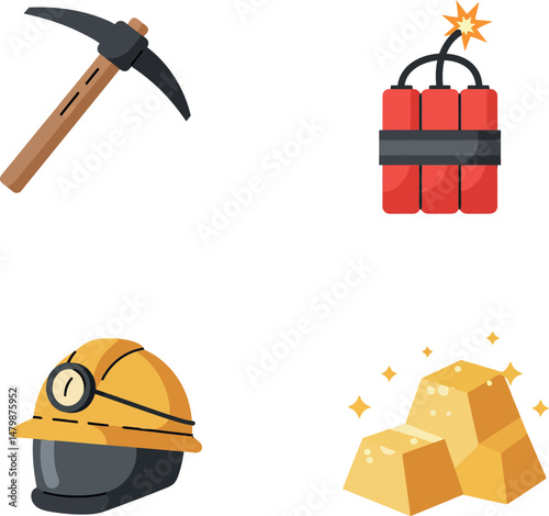 Mining tools pickaxe helmet dynamite and gold bars vector illustration set 