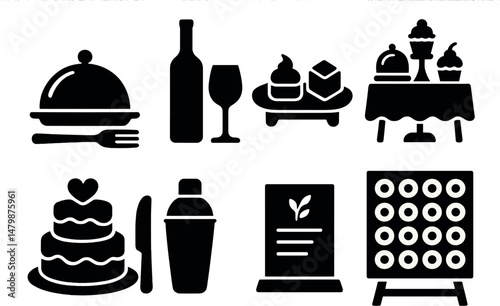 Reception and dining silhouette icons set – elegant, event and catering symbols