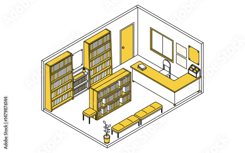 本棚が並ぶ学校の図書室のシンプルでかわいいアイソメトリック線画イラスト