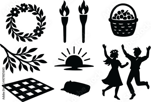 Midsummer festival icons set – silhouette, celebration and tradition symbols