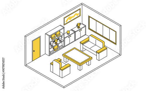 トロフィーや盾が並ぶ学校の応接室のシンプルでかわいいアイソメトリック線画イラスト