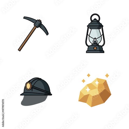 Mining tools pickaxe lantern helmet and gold nugget vector illustration set 
