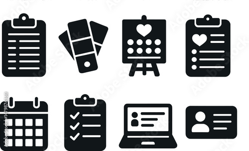 Wedding planner essentials silhouette icons set – simple event organizing graphics