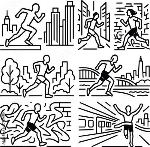 Urban running silhouettes icons set – silhouette, city jogging and fitness symbols