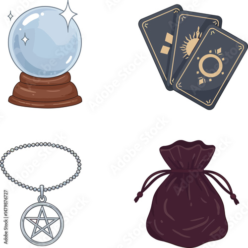 Crystal ball tarot cards pentagram necklace and purple pouch mystic magic objects vector illustration 