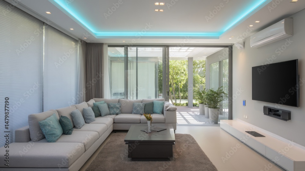 Fototapeta premium Modern Living Room Interior Design with L Shaped Sofa, Large TV, and Teal Accents
