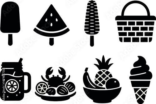 Summer beach snacks icons set – silhouette, picnic and refreshment symbols