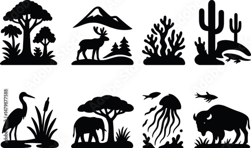 Nature and wildlife icons set – silhouette, ecosystem and habitat design elements