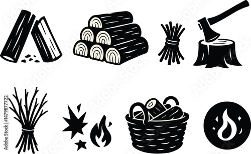 Firewood silhouette icons set – simple and rustic campfire and lumber symbols