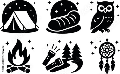 Overnight camping icons set – silhouette, outdoor adventure and nature symbols