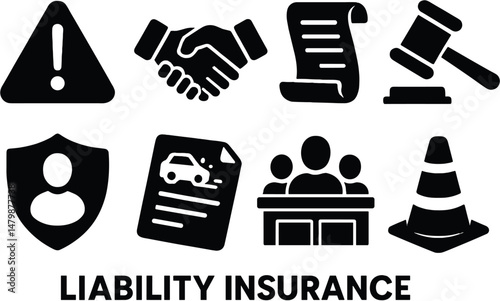 Insurance silhouette icons set – simple, liability and protection symbols