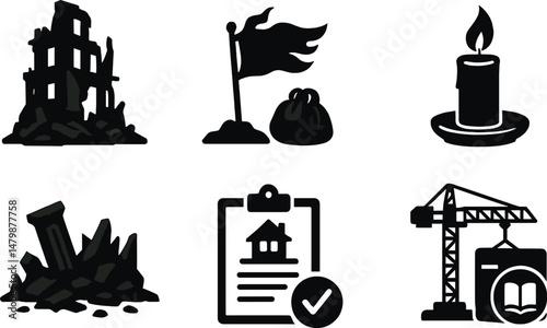 Post-war recovery icons set – silhouette style, rebuilding and restoration symbols