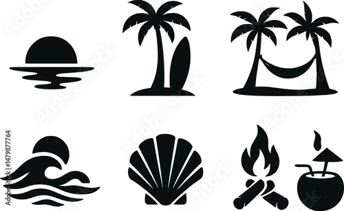 Sunset beach icons set – silhouette, tropical, seaside vacation symbols